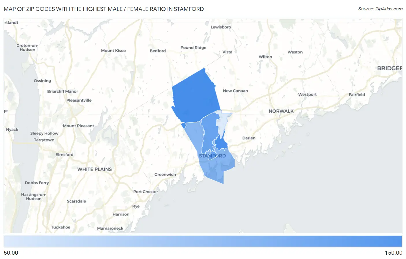 Zip Codes with the Highest Male / Female Ratio in Stamford Map