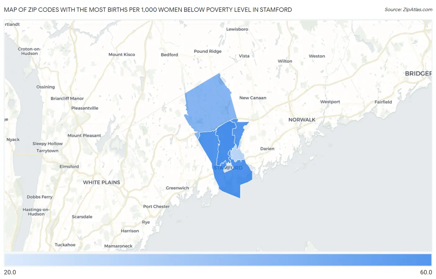 Zip Codes with the Most Births per 1,000 Women Below Poverty Level in Stamford Map