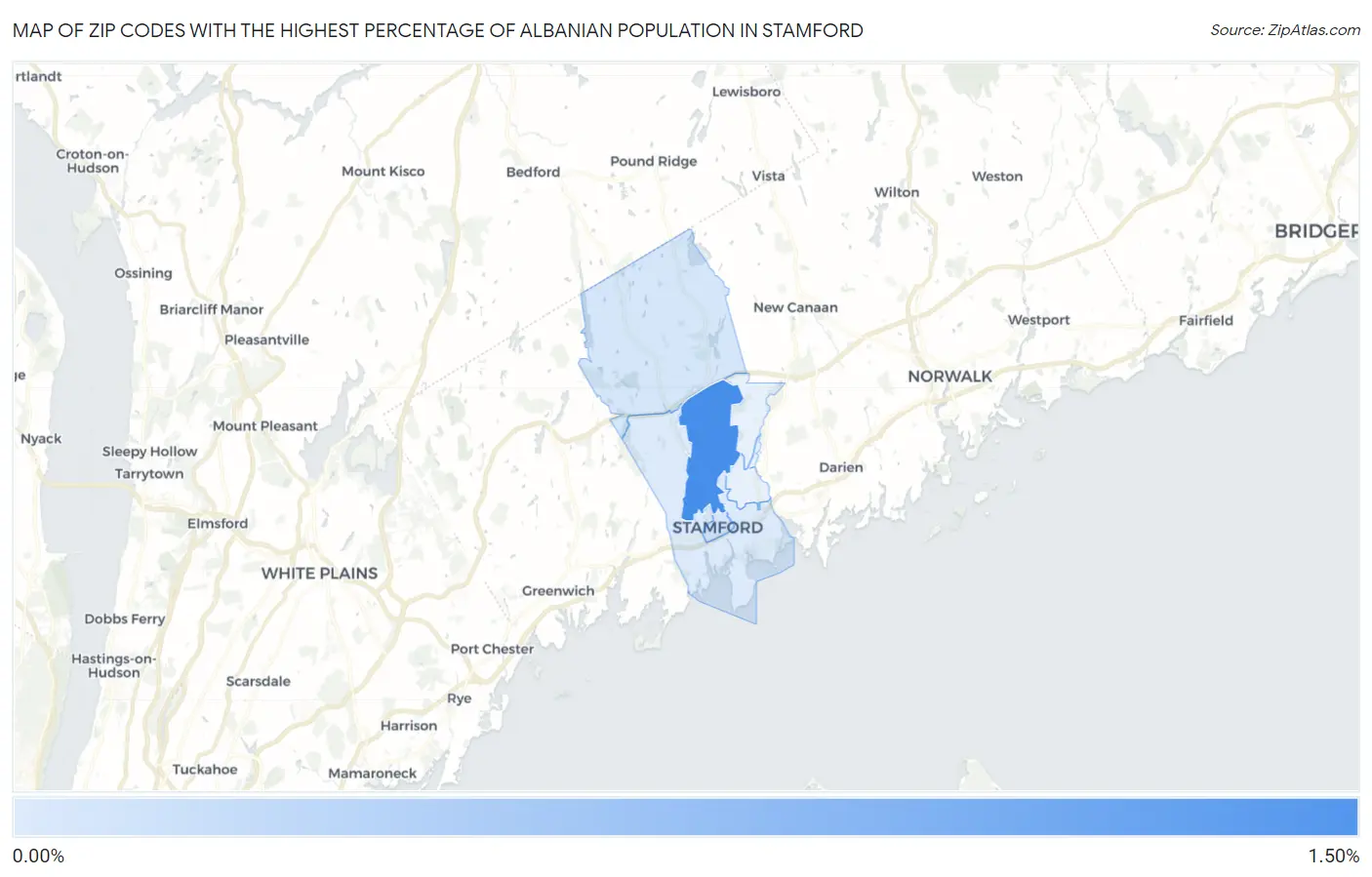 Zip Codes with the Highest Percentage of Albanian Population in Stamford Map