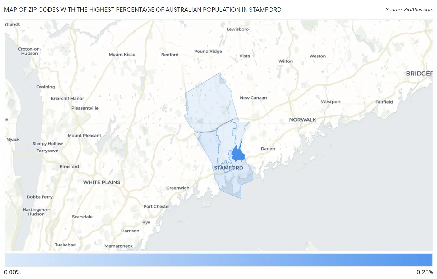 Zip Codes with the Highest Percentage of Australian Population in Stamford Map