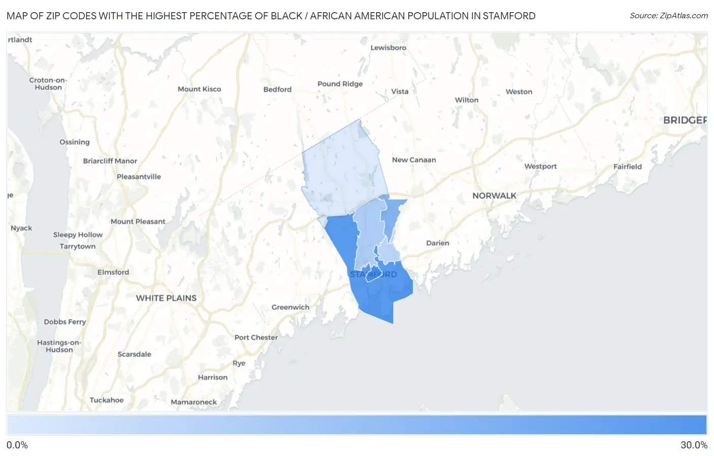 Zip Codes with the Highest Percentage of Black / African American Population in Stamford Map