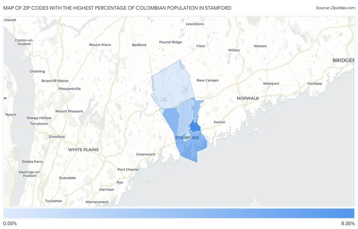 Zip Codes with the Highest Percentage of Colombian Population in Stamford Map