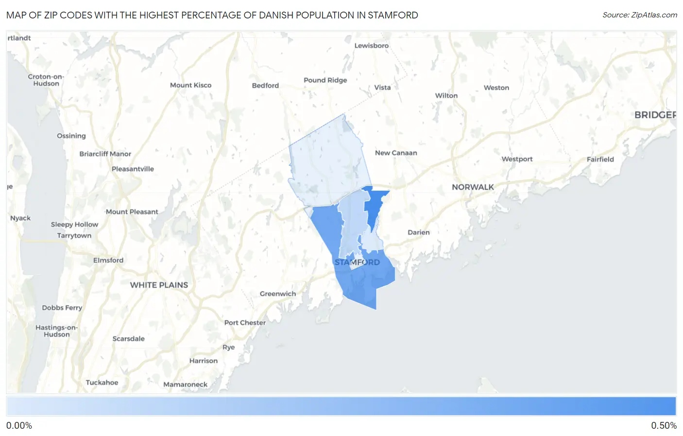 Zip Codes with the Highest Percentage of Danish Population in Stamford Map