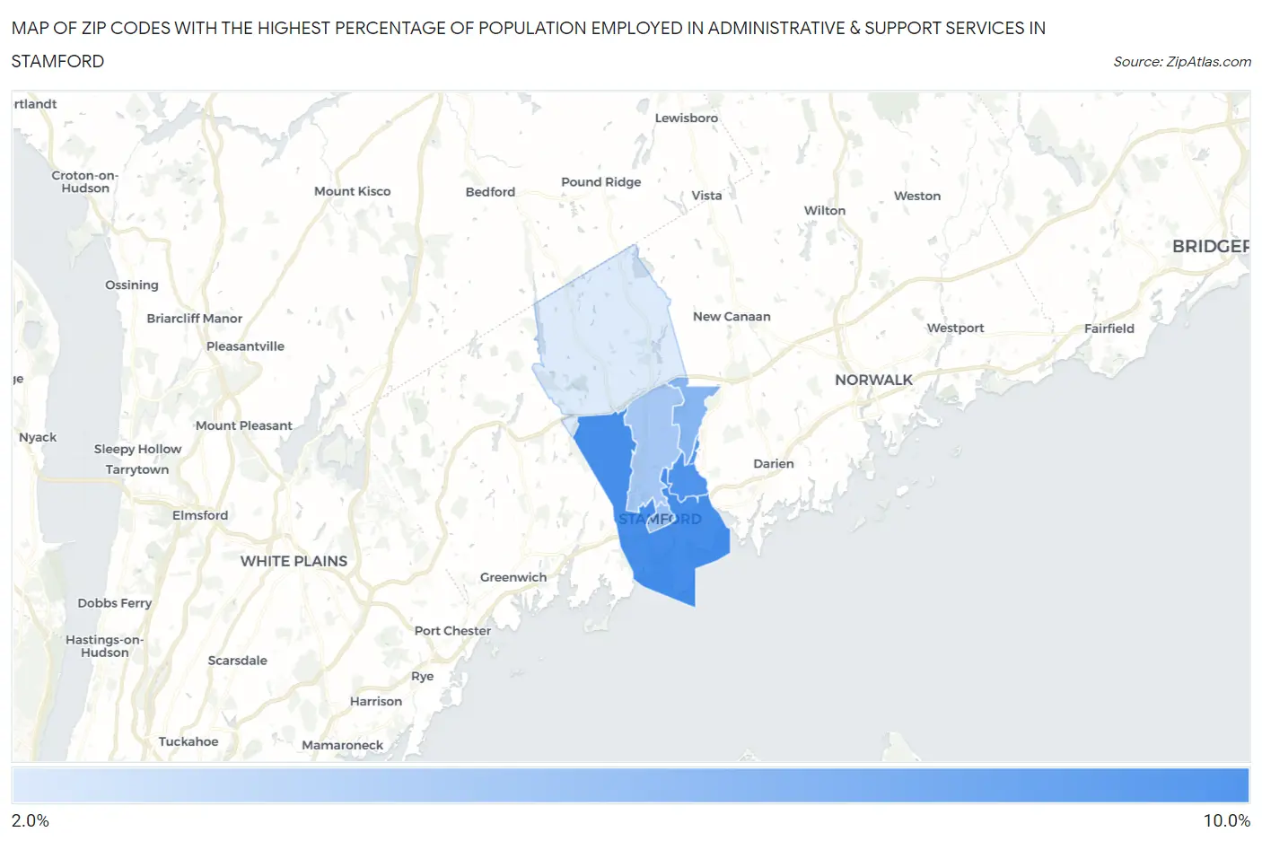 Zip Codes with the Highest Percentage of Population Employed in Administrative & Support Services in Stamford Map