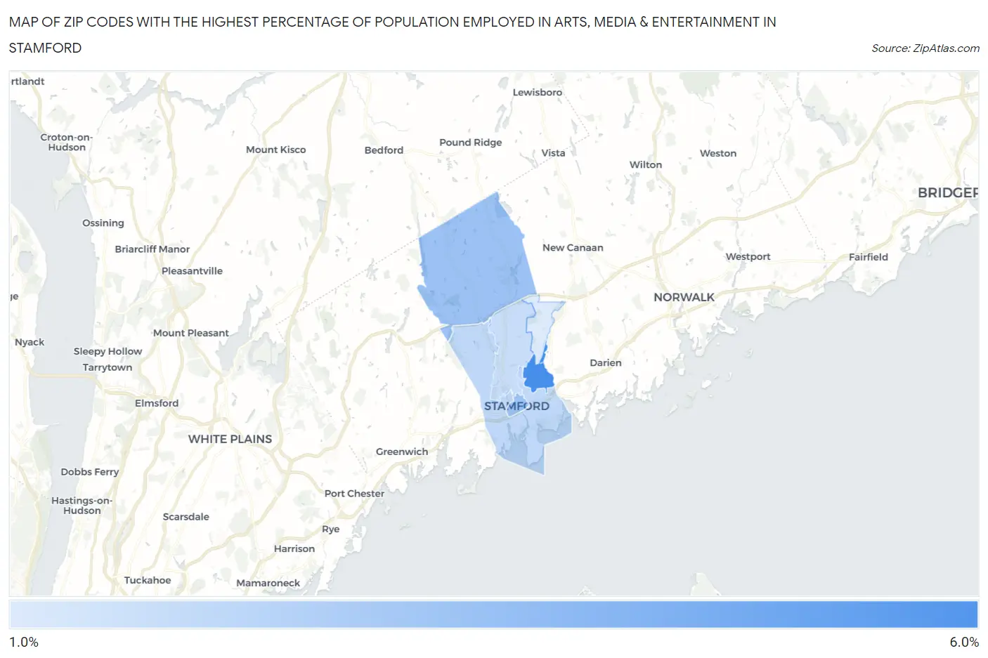 Zip Codes with the Highest Percentage of Population Employed in Arts, Media & Entertainment in Stamford Map