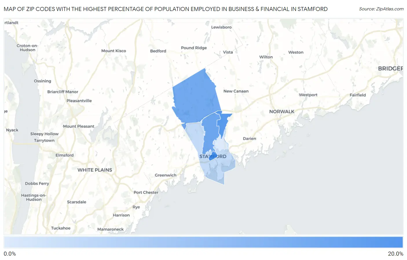 Zip Codes with the Highest Percentage of Population Employed in Business & Financial in Stamford Map