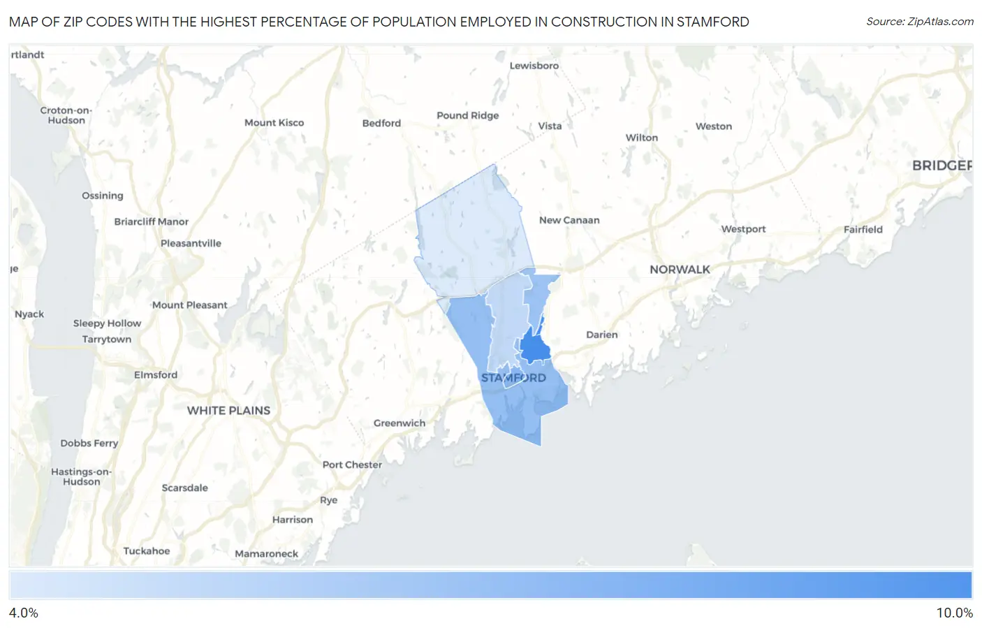 Zip Codes with the Highest Percentage of Population Employed in Construction in Stamford Map