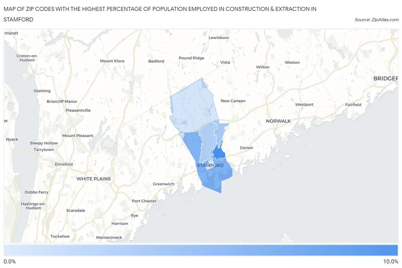 Zip Codes with the Highest Percentage of Population Employed in Construction & Extraction in Stamford Map