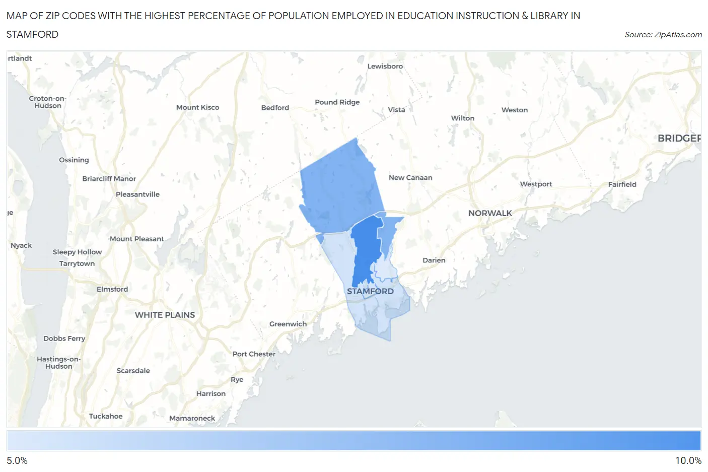 Zip Codes with the Highest Percentage of Population Employed in Education Instruction & Library in Stamford Map
