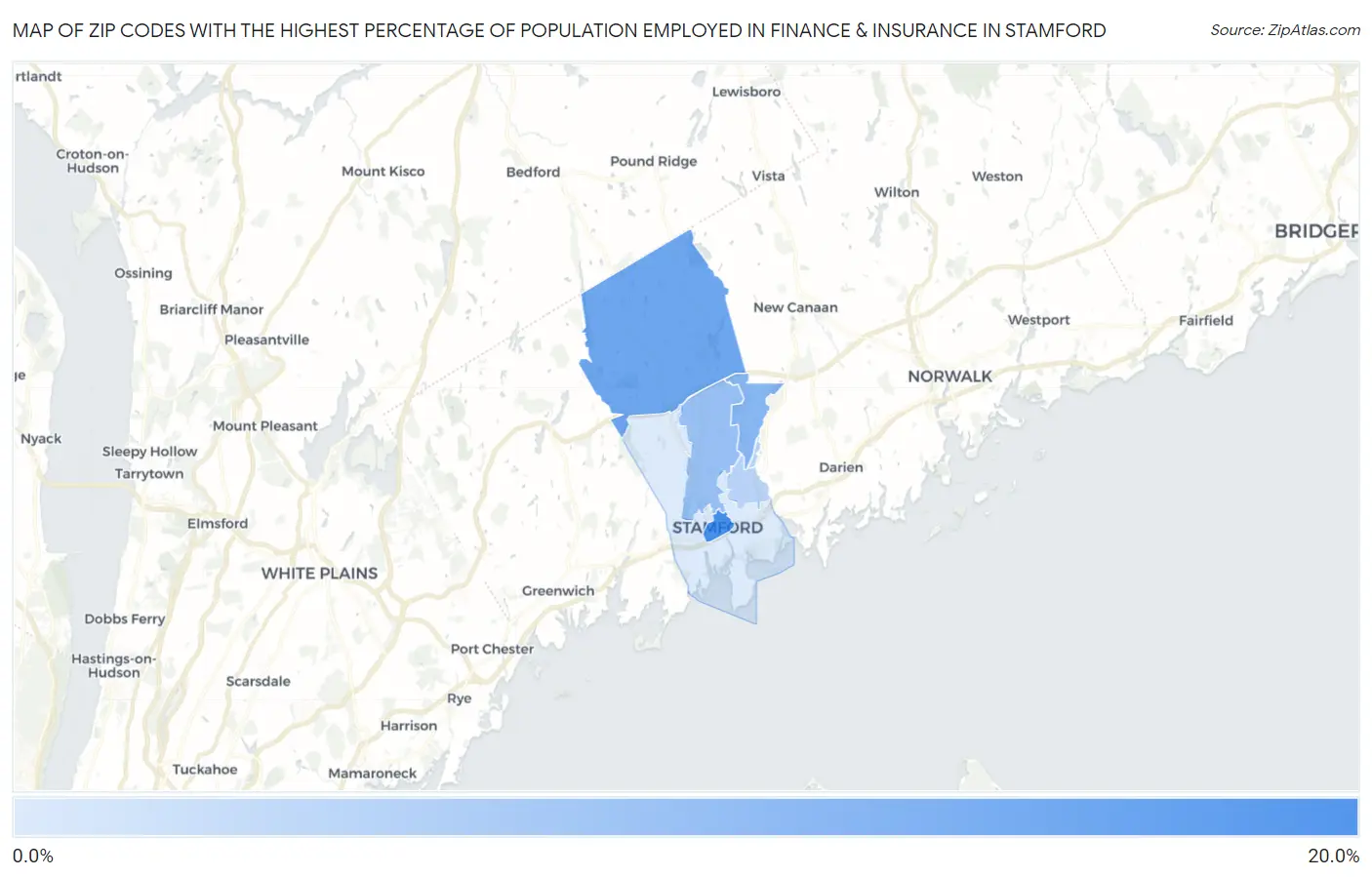 Zip Codes with the Highest Percentage of Population Employed in Finance & Insurance in Stamford Map
