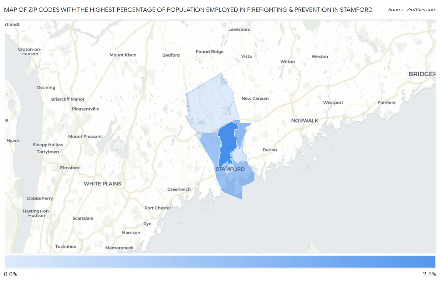 Zip Codes with the Highest Percentage of Population Employed in Firefighting & Prevention in Stamford Map