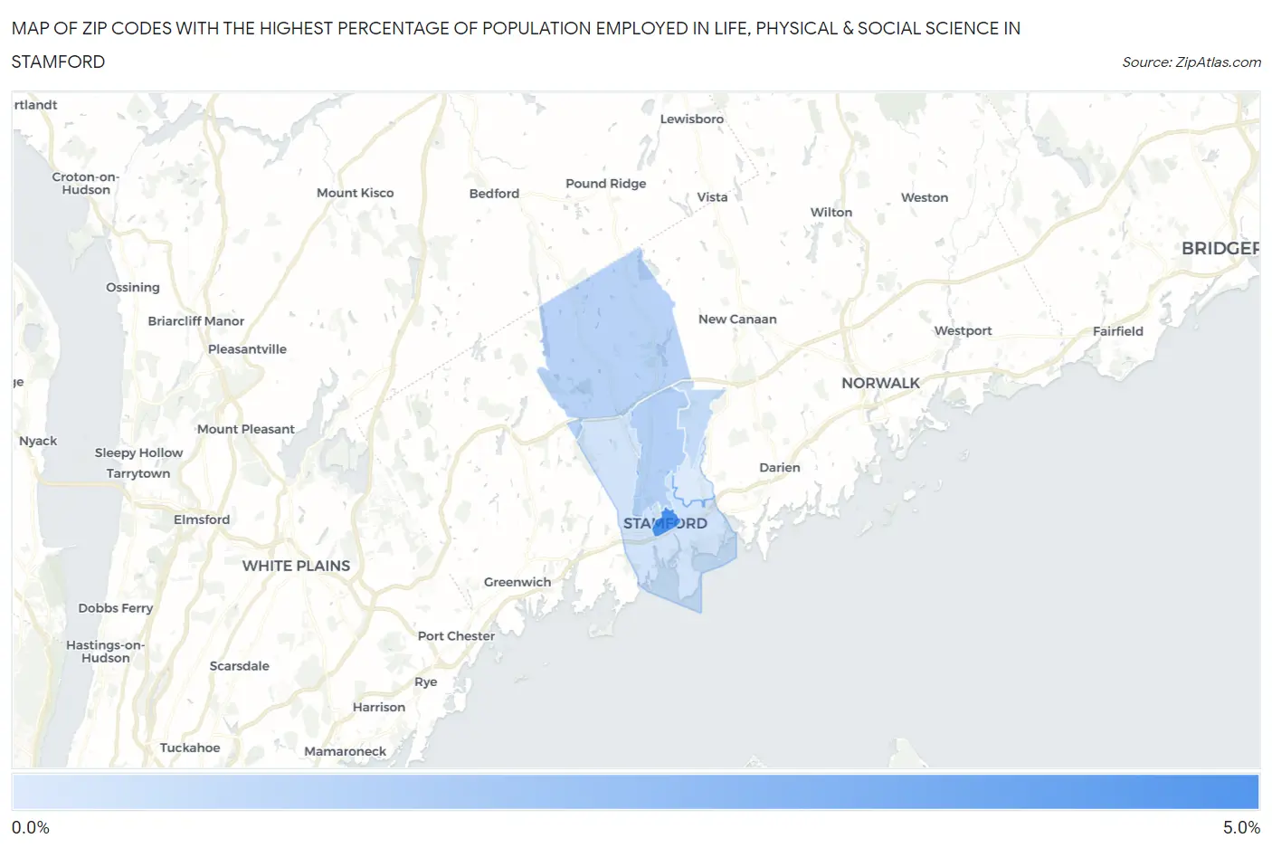 Zip Codes with the Highest Percentage of Population Employed in Life, Physical & Social Science in Stamford Map