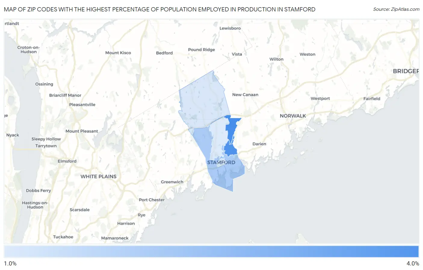 Zip Codes with the Highest Percentage of Population Employed in Production in Stamford Map