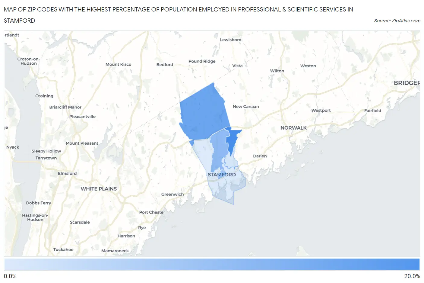 Zip Codes with the Highest Percentage of Population Employed in Professional & Scientific Services in Stamford Map