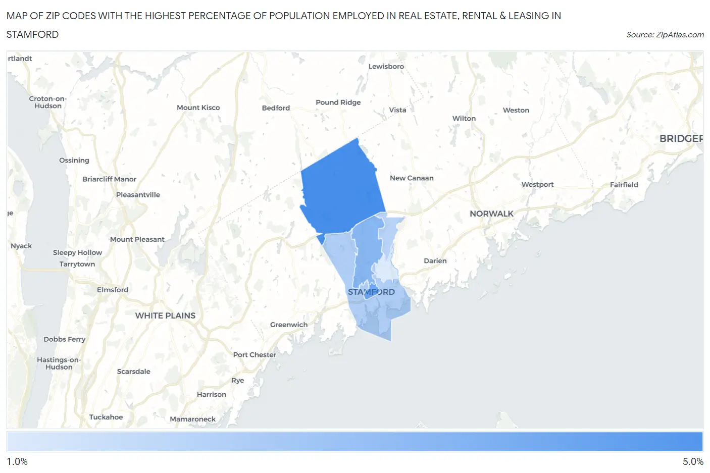 Zip Codes with the Highest Percentage of Population Employed in Real Estate, Rental & Leasing in Stamford Map