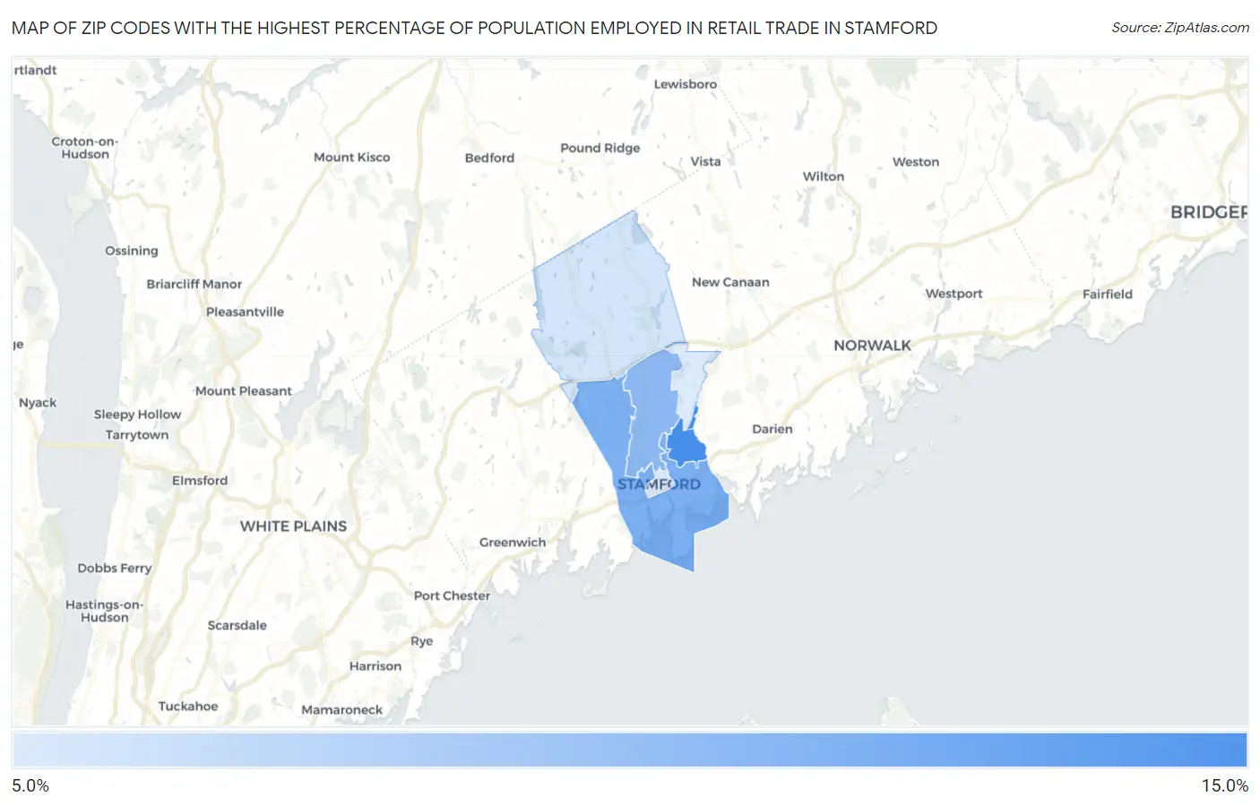Zip Codes with the Highest Percentage of Population Employed in Retail Trade in Stamford Map