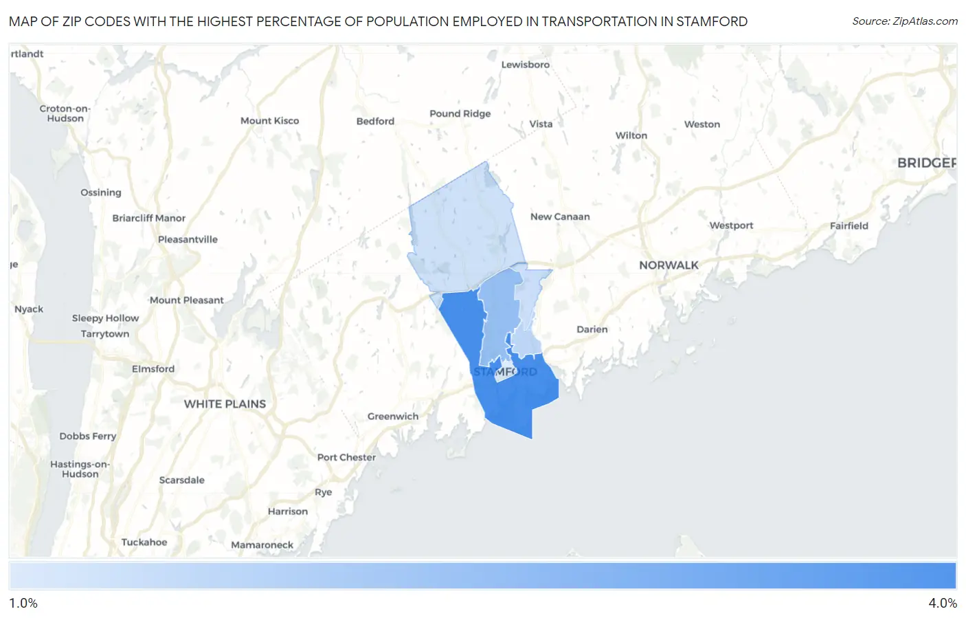 Zip Codes with the Highest Percentage of Population Employed in Transportation in Stamford Map