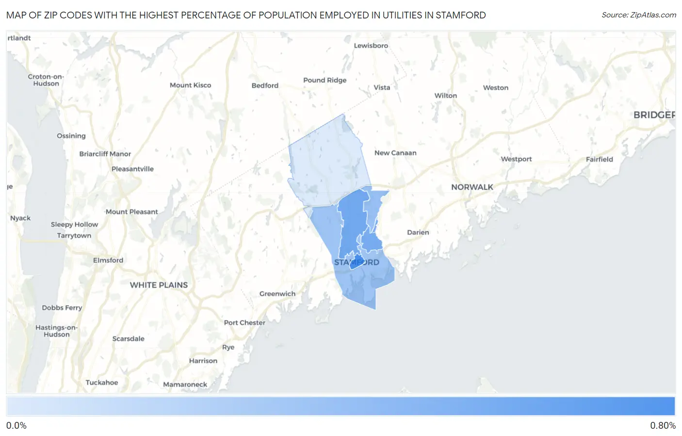 Zip Codes with the Highest Percentage of Population Employed in Utilities in Stamford Map