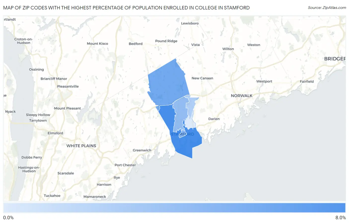 Zip Codes with the Highest Percentage of Population Enrolled in College in Stamford Map