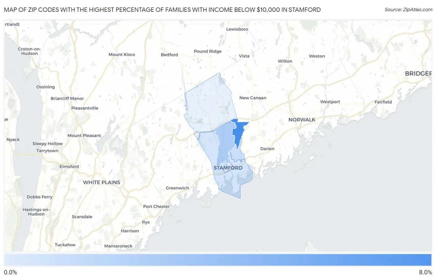Zip Codes with the Highest Percentage of Families with Income Below $10,000 in Stamford Map