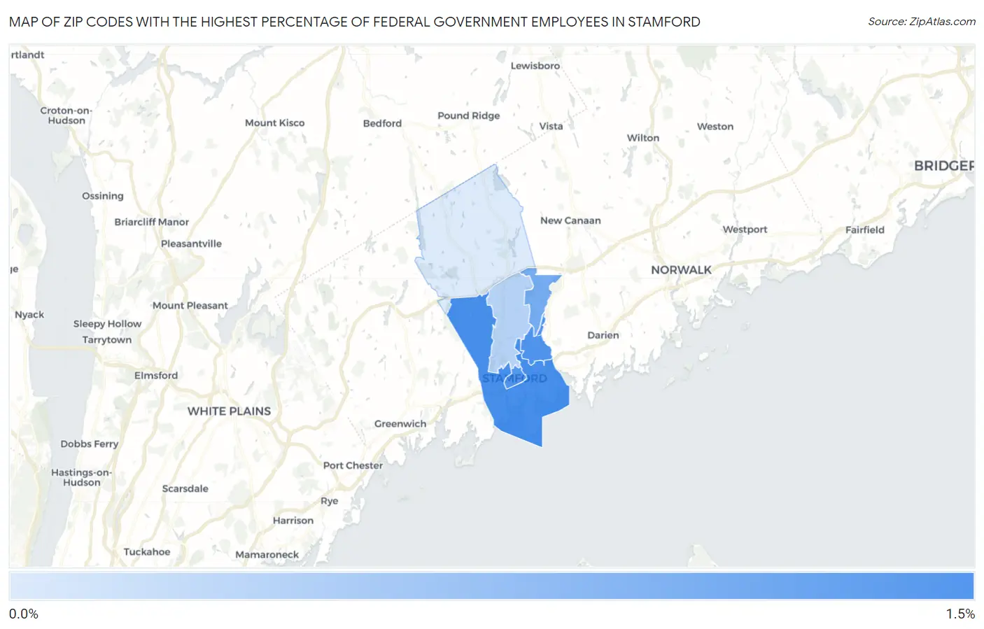 Zip Codes with the Highest Percentage of Federal Government Employees in Stamford Map