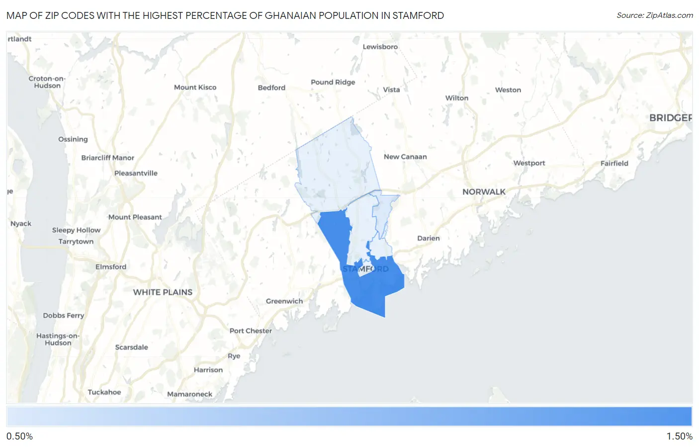 Zip Codes with the Highest Percentage of Ghanaian Population in Stamford Map