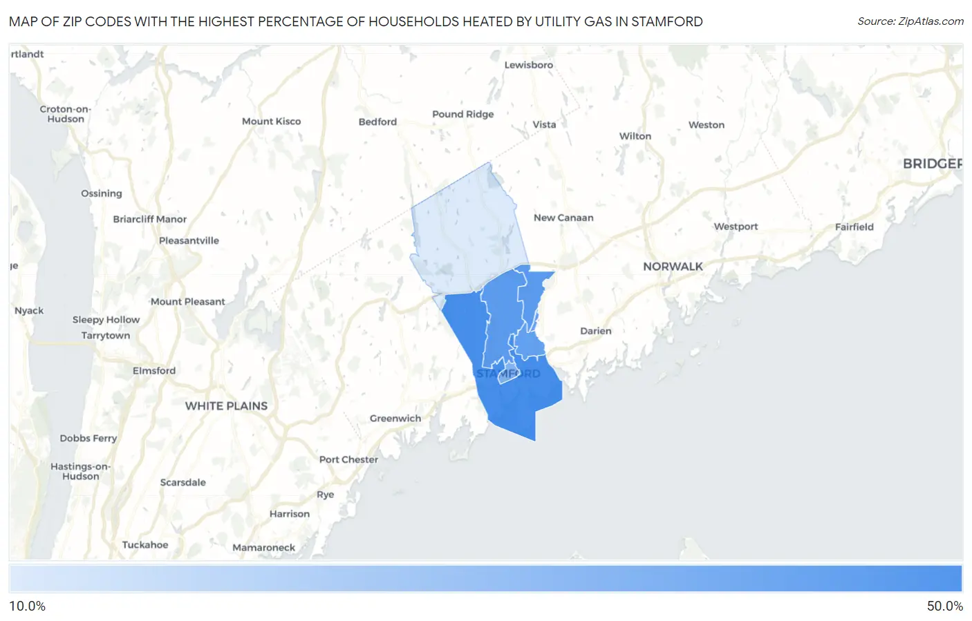 Zip Codes with the Highest Percentage of Households Heated by Utility Gas in Stamford Map