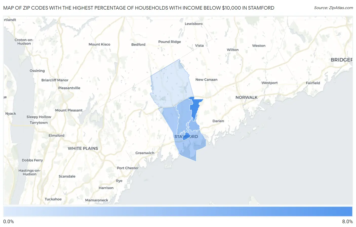 Zip Codes with the Highest Percentage of Households with Income Below $10,000 in Stamford Map