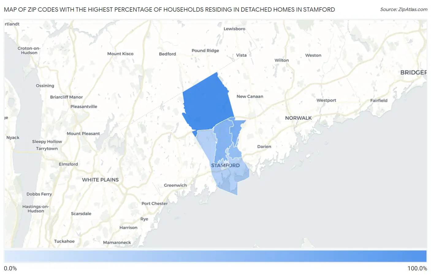 Zip Codes with the Highest Percentage of Households Residing in Detached Homes in Stamford Map