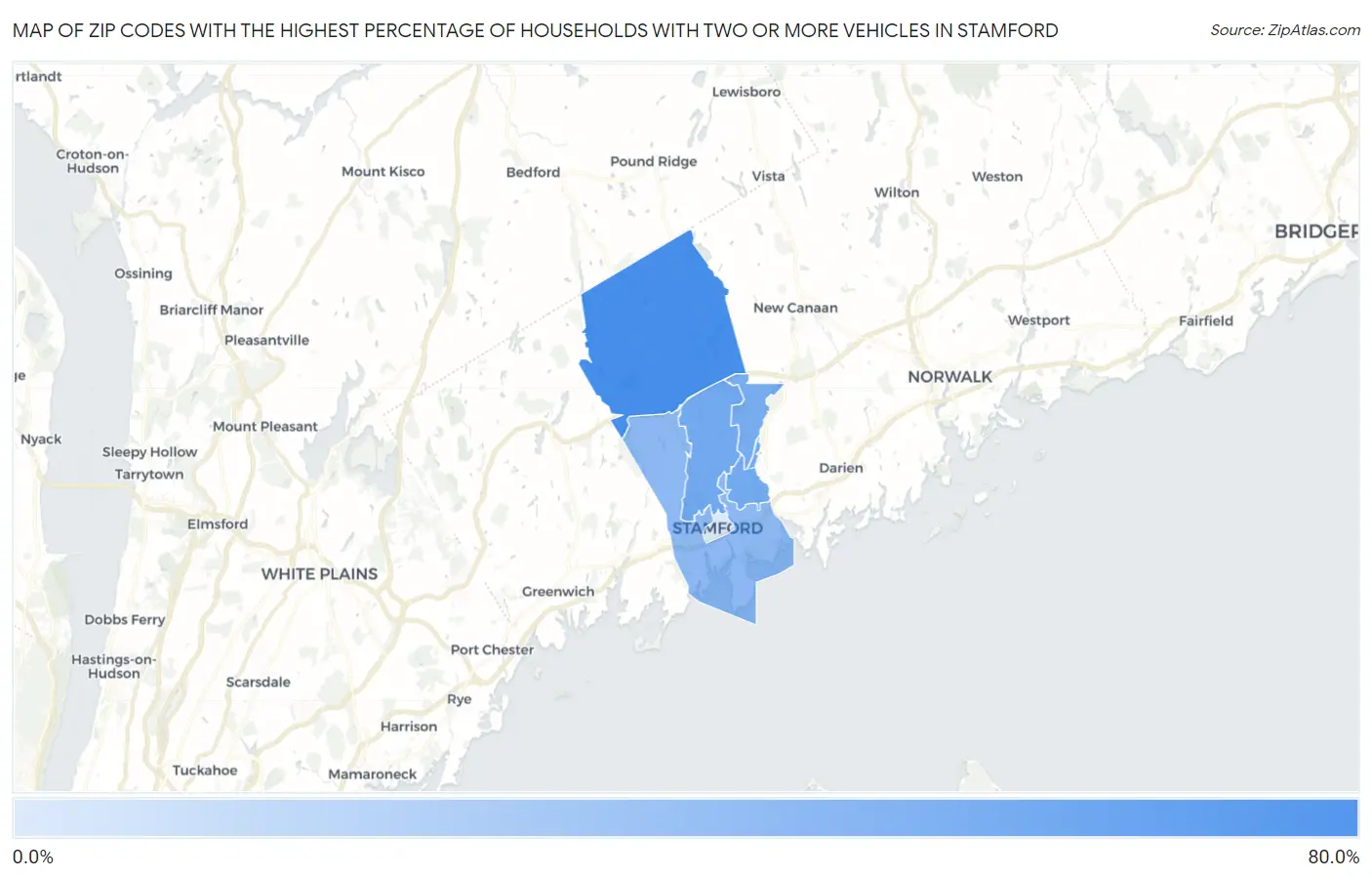 Zip Codes with the Highest Percentage of Households With Two or more Vehicles in Stamford Map