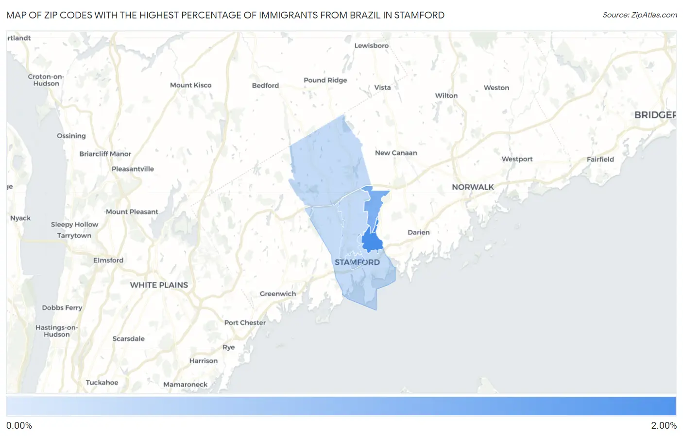 Zip Codes with the Highest Percentage of Immigrants from Brazil in Stamford Map