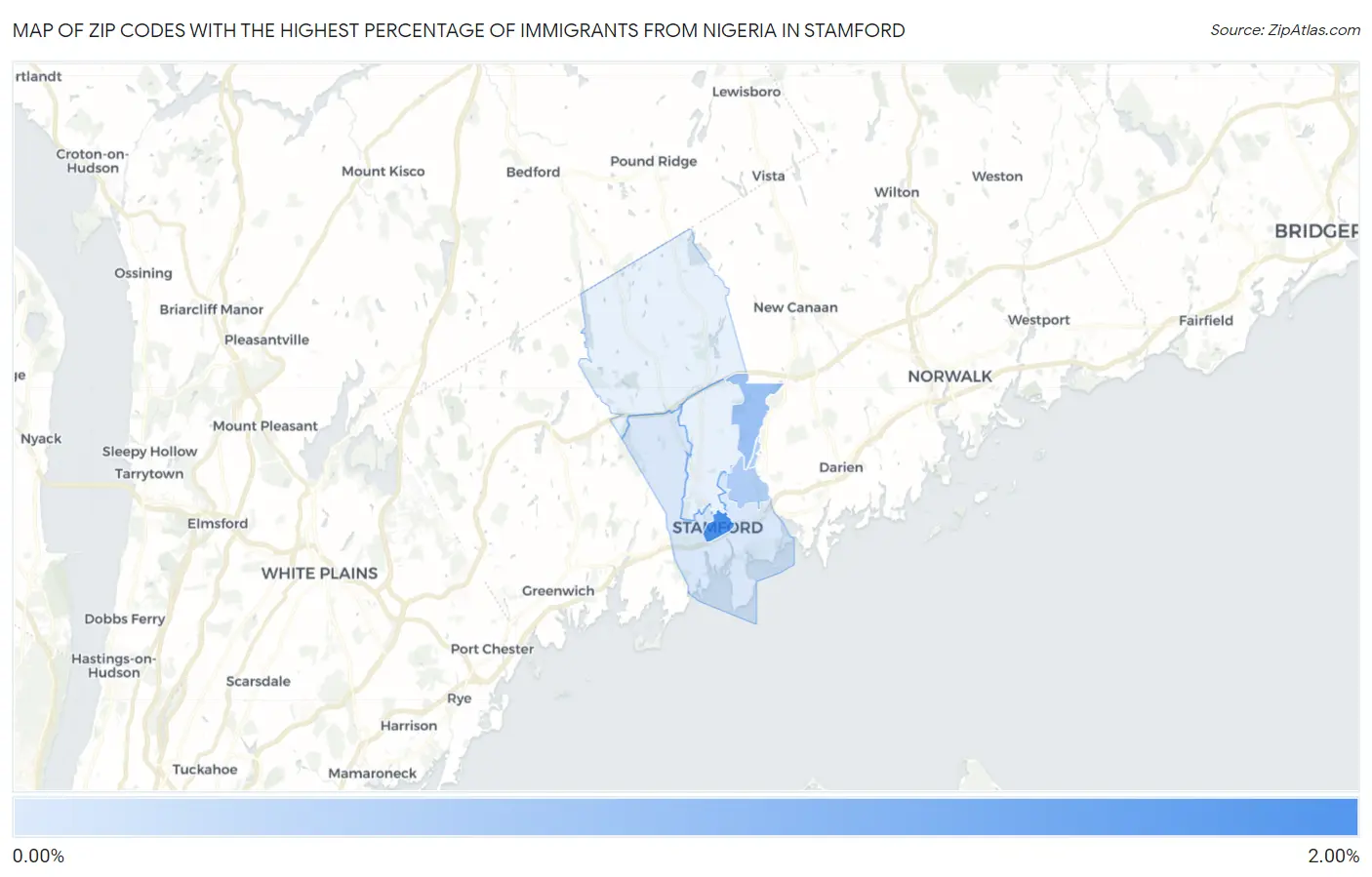 Zip Codes with the Highest Percentage of Immigrants from Nigeria in Stamford Map