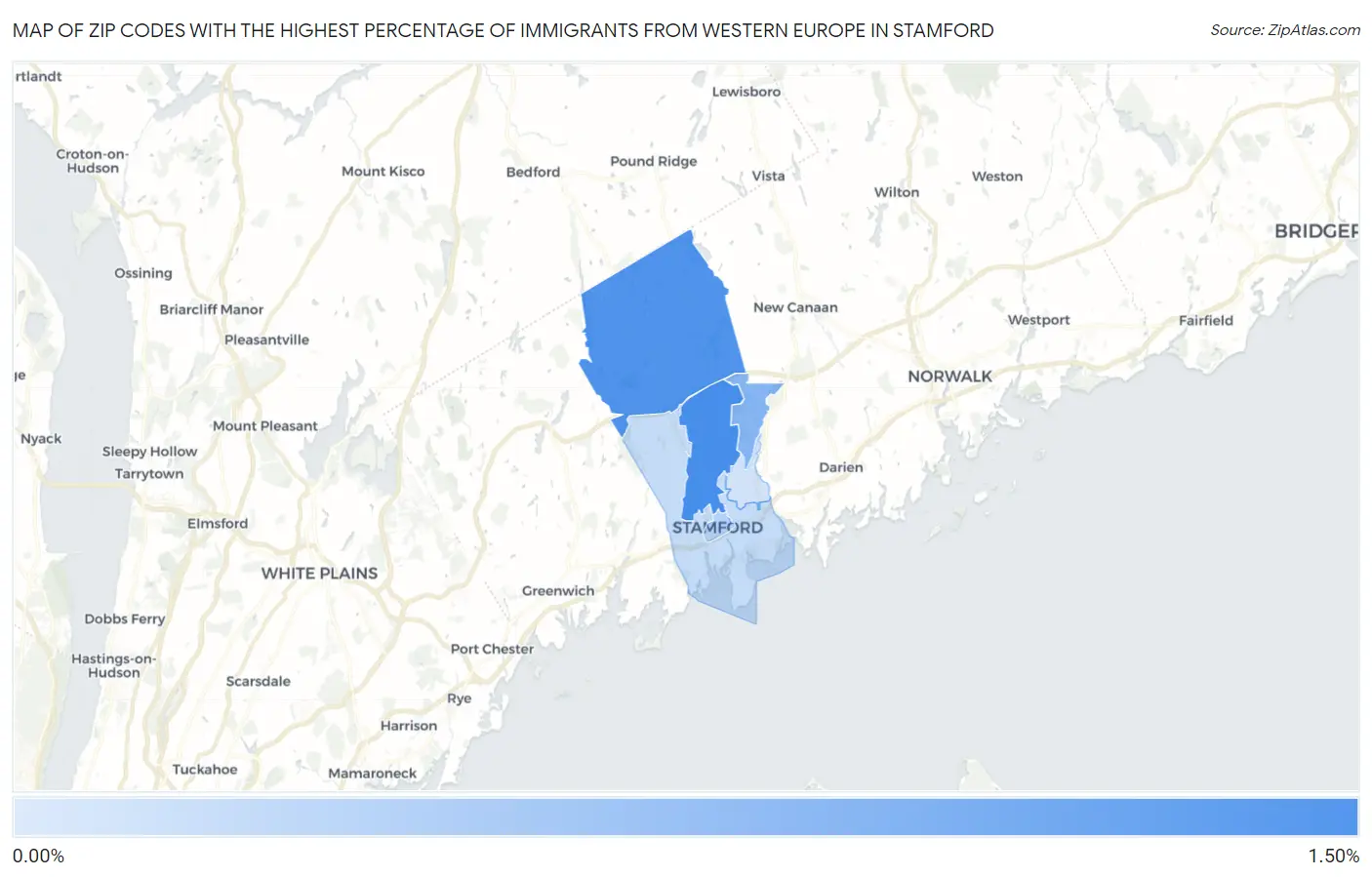 Zip Codes with the Highest Percentage of Immigrants from Western Europe in Stamford Map