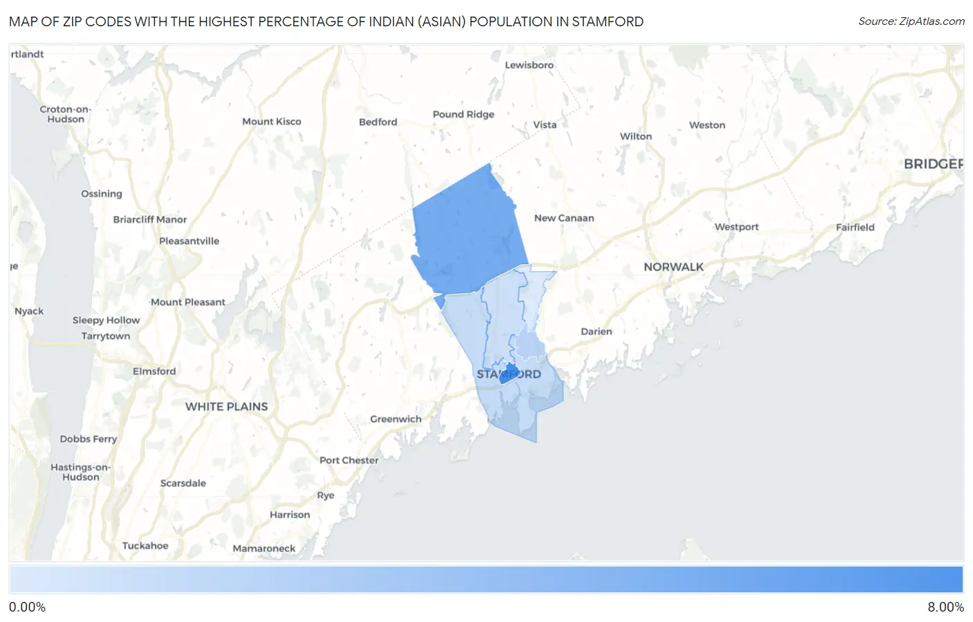 Zip Codes with the Highest Percentage of Indian (Asian) Population in Stamford Map