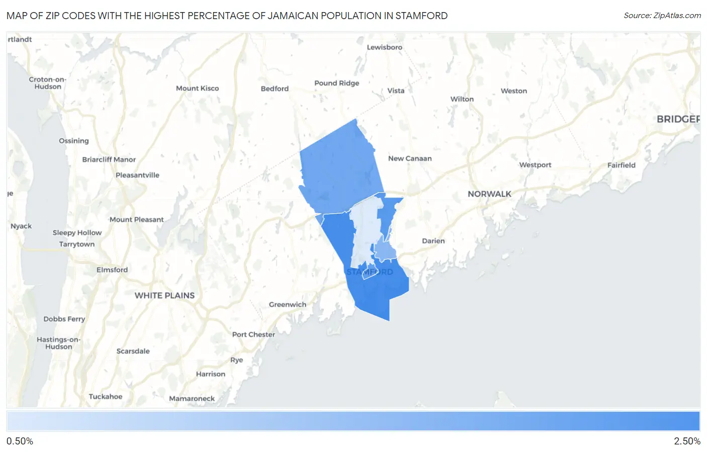 Zip Codes with the Highest Percentage of Jamaican Population in Stamford Map