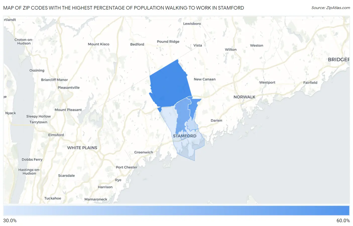 Zip Codes with the Highest Percentage of Population Walking to Work in Stamford Map