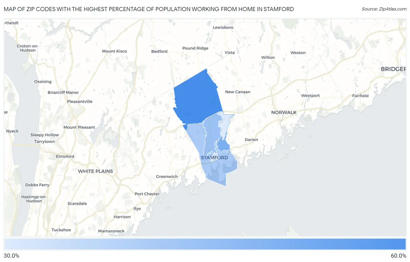 Zip Codes with the Highest Percentage of Population Working from Home in Stamford Map