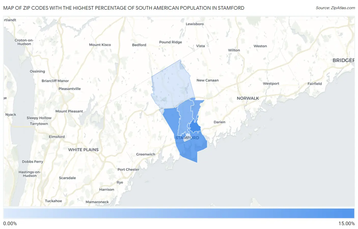 Zip Codes with the Highest Percentage of South American Population in Stamford Map