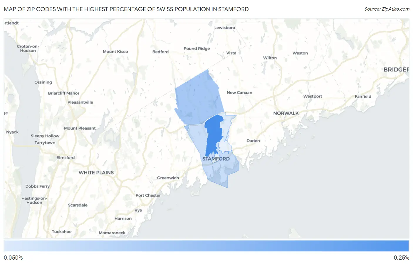 Zip Codes with the Highest Percentage of Swiss Population in Stamford Map