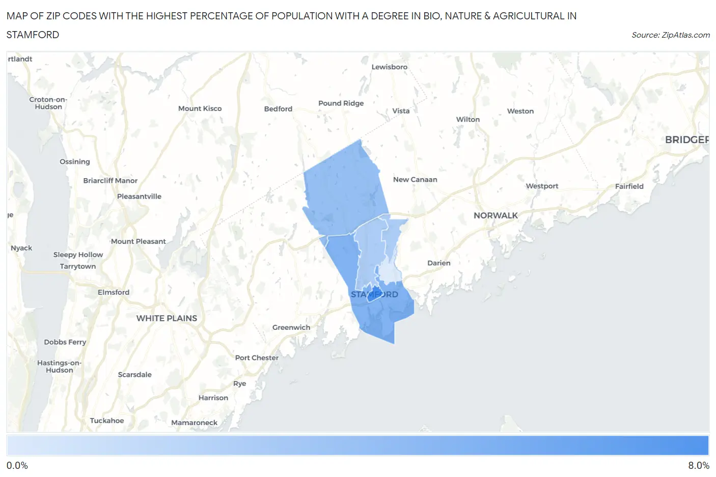 Zip Codes with the Highest Percentage of Population with a Degree in Bio, Nature & Agricultural in Stamford Map