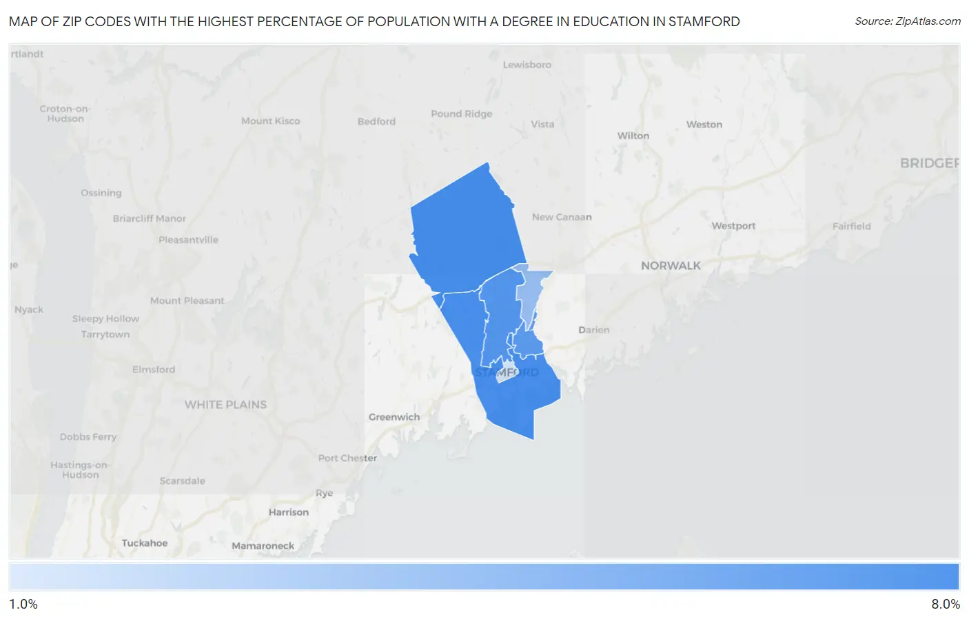 Zip Codes with the Highest Percentage of Population with a Degree in Education in Stamford Map