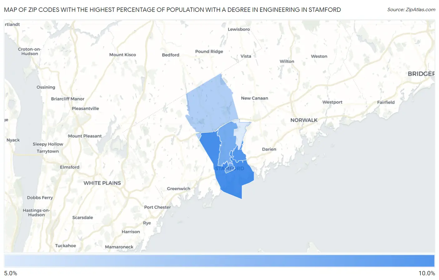 Zip Codes with the Highest Percentage of Population with a Degree in Engineering in Stamford Map