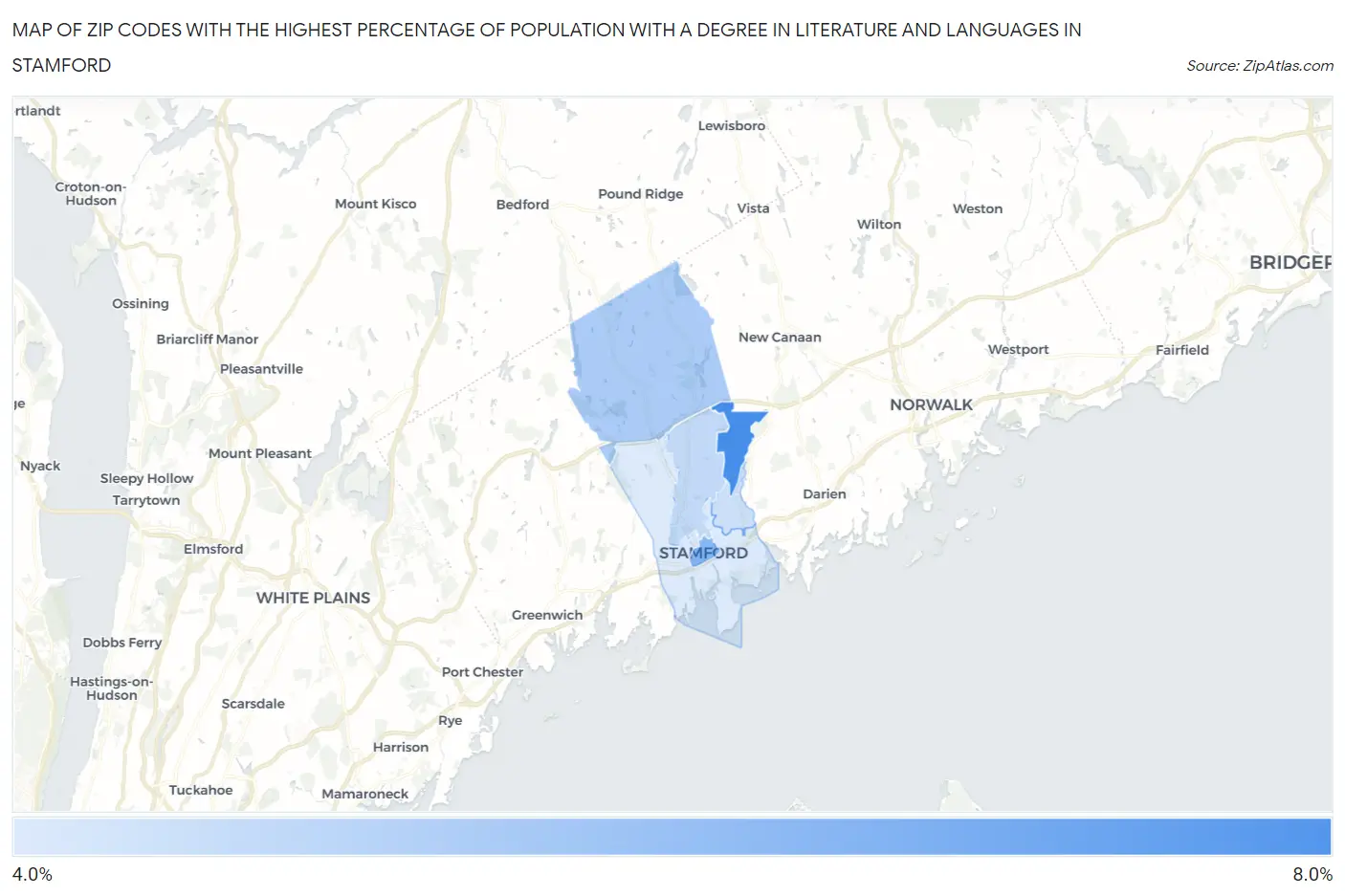 Zip Codes with the Highest Percentage of Population with a Degree in Literature and Languages in Stamford Map