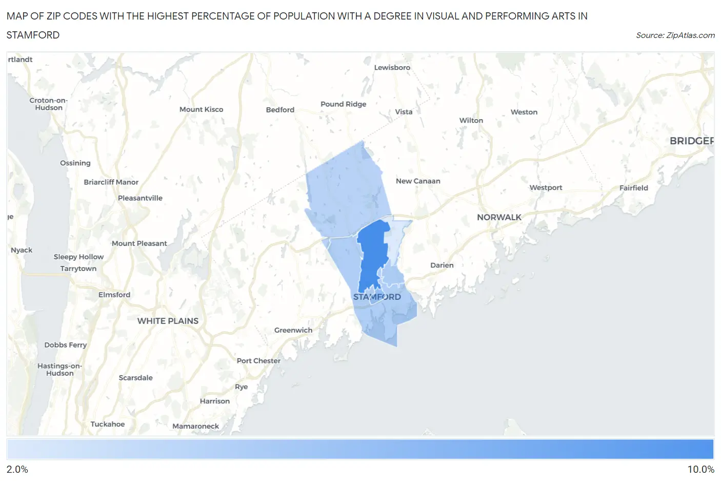 Zip Codes with the Highest Percentage of Population with a Degree in Visual and Performing Arts in Stamford Map