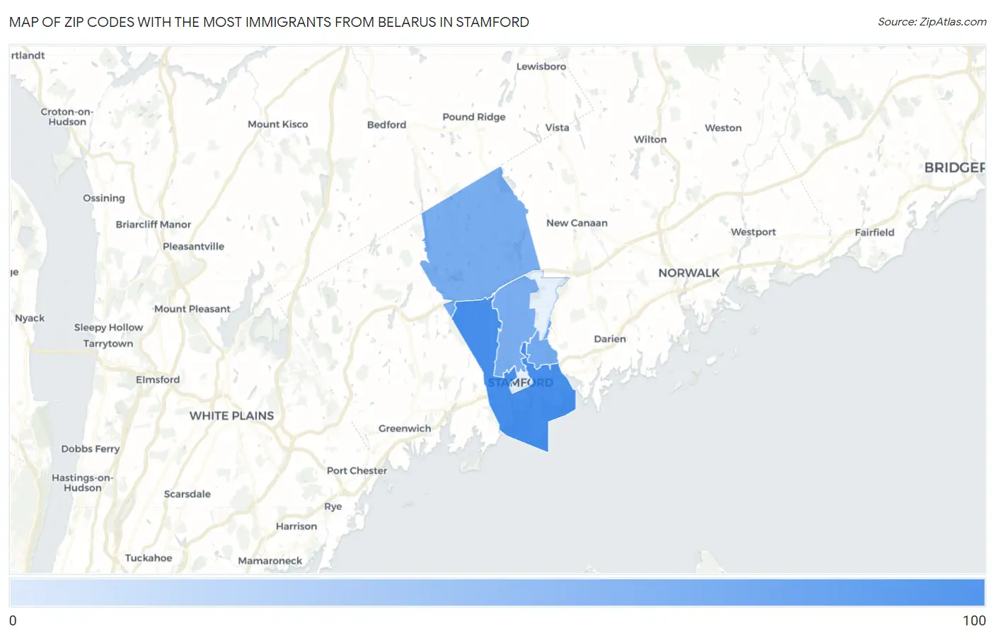 Zip Codes with the Most Immigrants from Belarus in Stamford Map