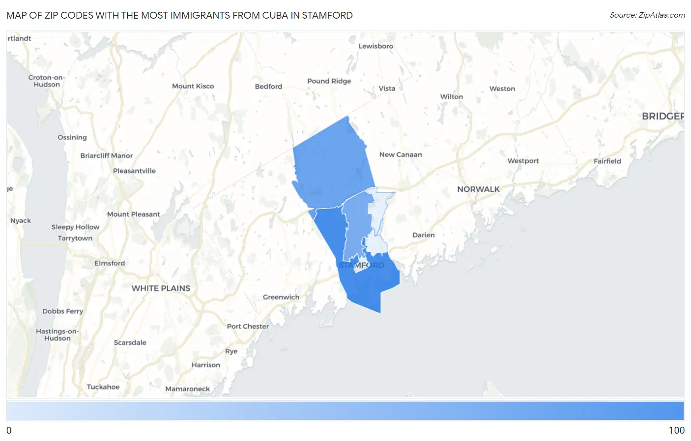 Zip Codes with the Most Immigrants from Cuba in Stamford Map