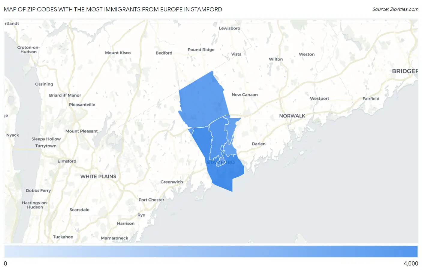 Zip Codes with the Most Immigrants from Europe in Stamford Map
