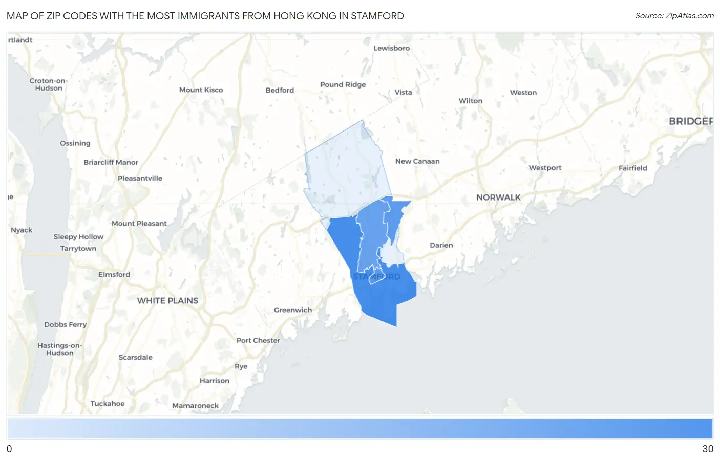 Zip Codes with the Most Immigrants from Hong Kong in Stamford Map
