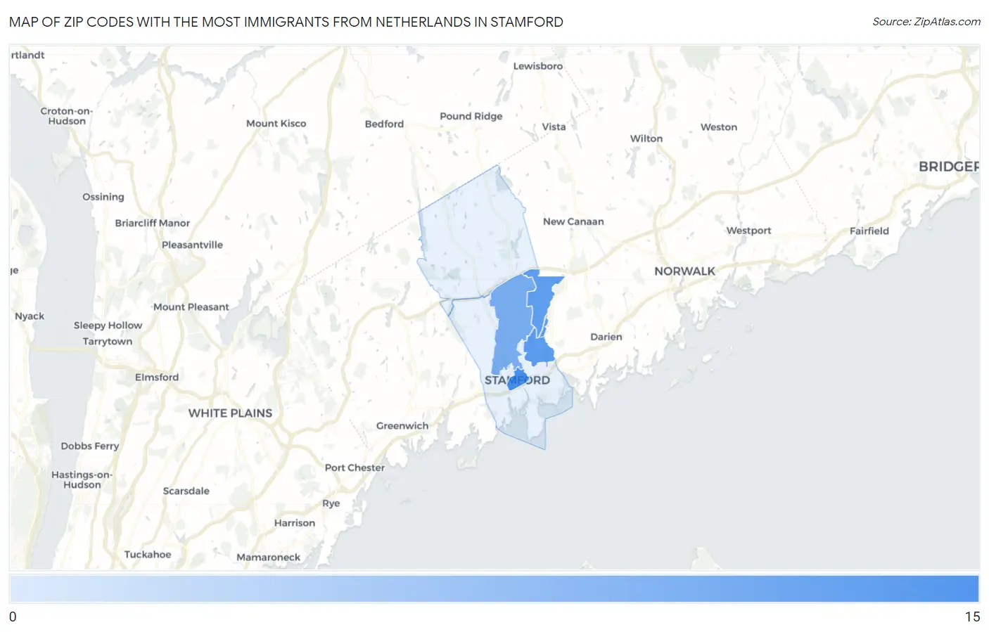 Zip Codes with the Most Immigrants from Netherlands in Stamford Map
