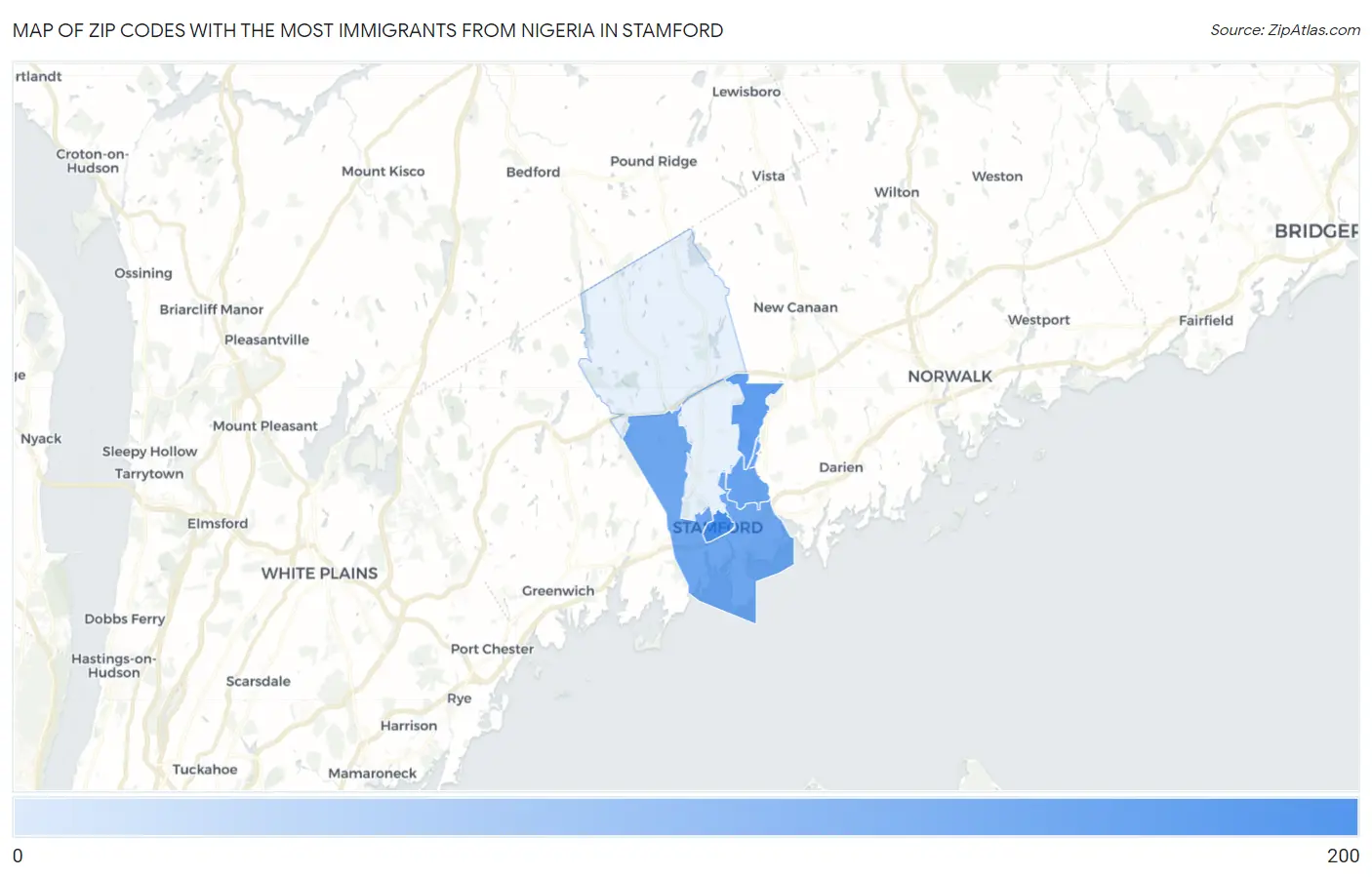 Zip Codes with the Most Immigrants from Nigeria in Stamford Map